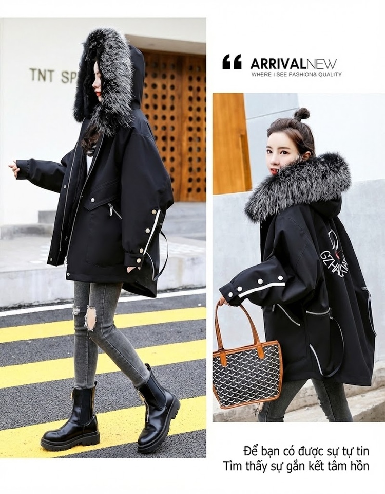 Áo Khoác Nữ Mùa Đông Cotton Lót Lông Thêu Hình Oversize Phong Cách Hàn Quốc Màu Đen chi tiết 13