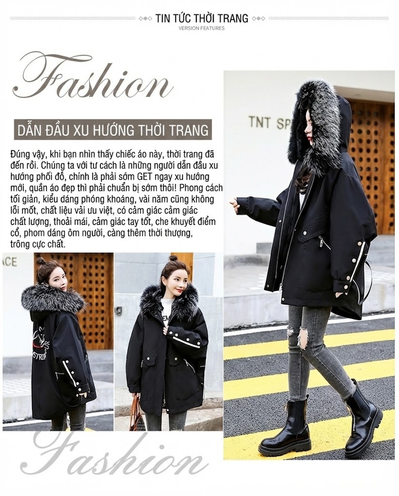 Áo Khoác Nữ Mùa Đông Cotton Lót Lông Thêu Hình Oversize Phong Cách Hàn Quốc Màu Đen chi tiết 4