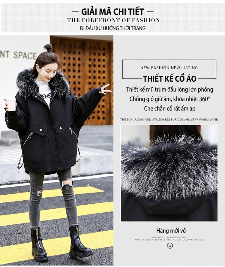 Áo Khoác Nữ Mùa Đông Cotton Lót Lông Thêu Hình Oversize Phong Cách Hàn Quốc Màu Đen chi tiết 9