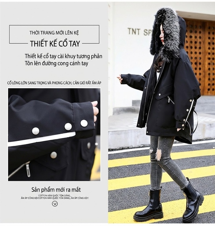 Áo Khoác Nữ Mùa Đông Cotton Lót Lông Thêu Hình Oversize Phong Cách Hàn Quốc Màu Đen chi tiết 10