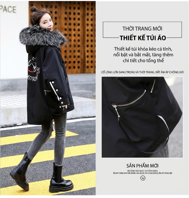 Áo Khoác Nữ Mùa Đông Cotton Lót Lông Thêu Hình Oversize Phong Cách Hàn Quốc Màu Đen chi tiết 11