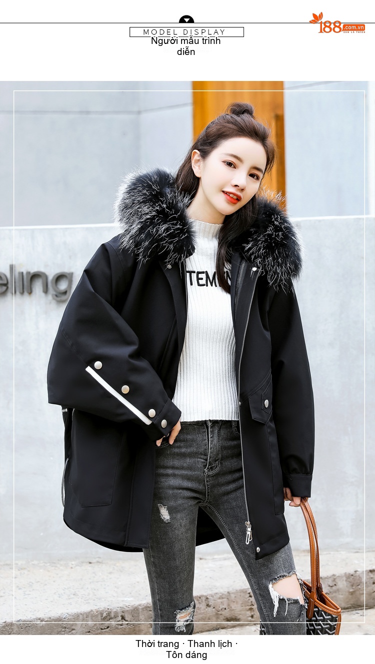Áo Khoác Nữ Mùa Đông Cotton Lót Lông Thêu Hình Oversize Phong Cách Hàn Quốc Màu Đen chi tiết 12