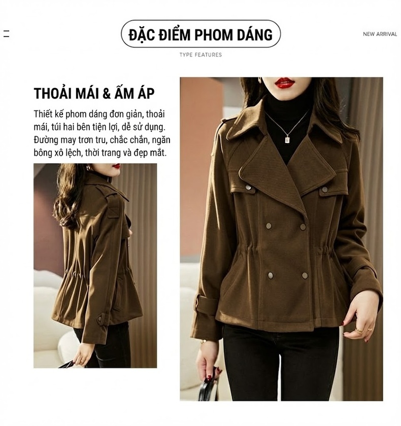 Áo Khoác Nữ Ngắn Tay Thiết Kế Dáng Nhỏ Có Lớp Lót Dày Dặn Màu Đen, Nâu chi tiết 3