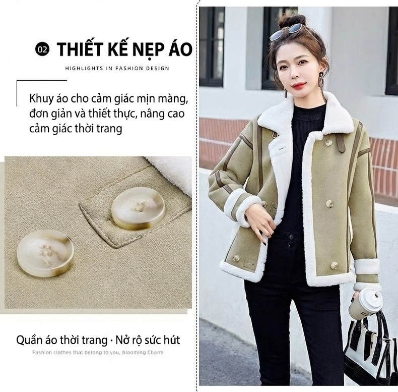 Áo Khoác Nữ Nhung Da Lộn Lông Cừu Non Kiểu Ngắn Rộng Rãi Màu Nâu, Trắng, Xanh chi tiết 4