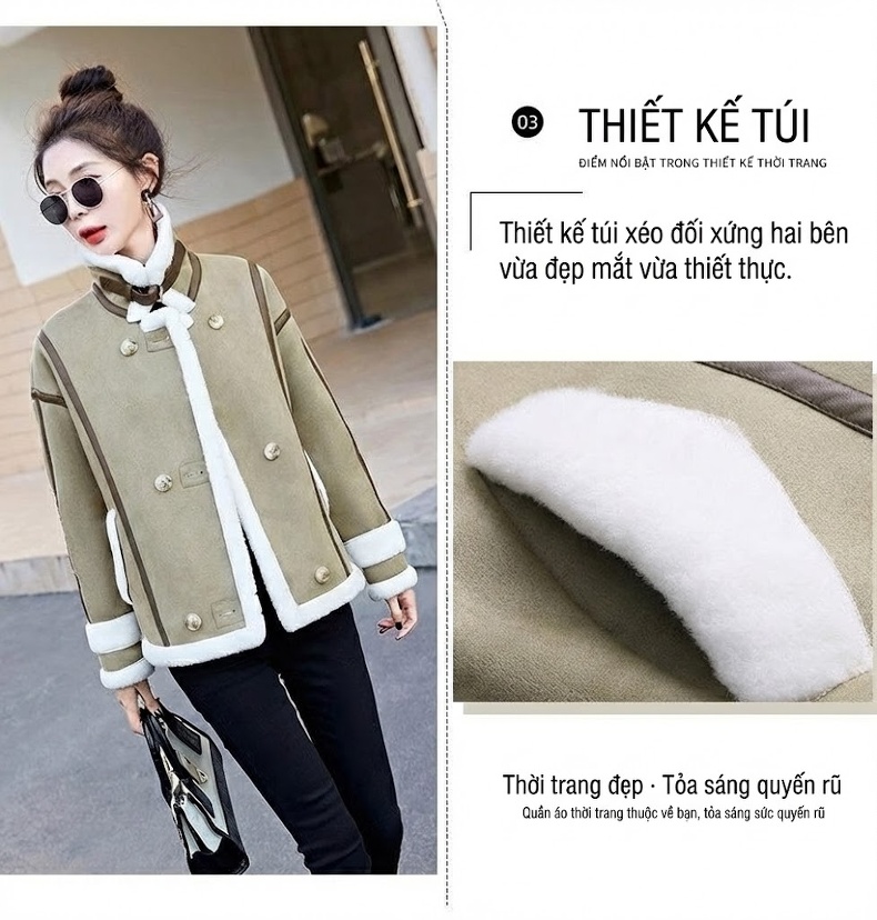 Áo Khoác Nữ Nhung Da Lộn Lông Cừu Non Kiểu Ngắn Rộng Rãi Màu Nâu, Trắng, Xanh chi tiết 5