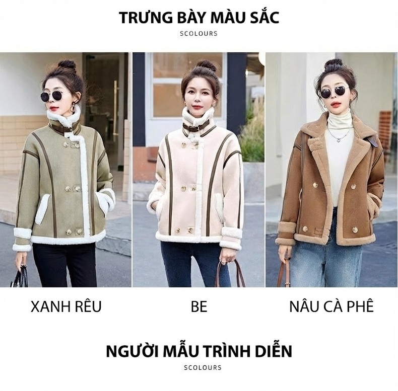 Áo Khoác Nữ Nhung Da Lộn Lông Cừu Non Kiểu Ngắn Rộng Rãi Màu Nâu, Trắng, Xanh chi tiết 7