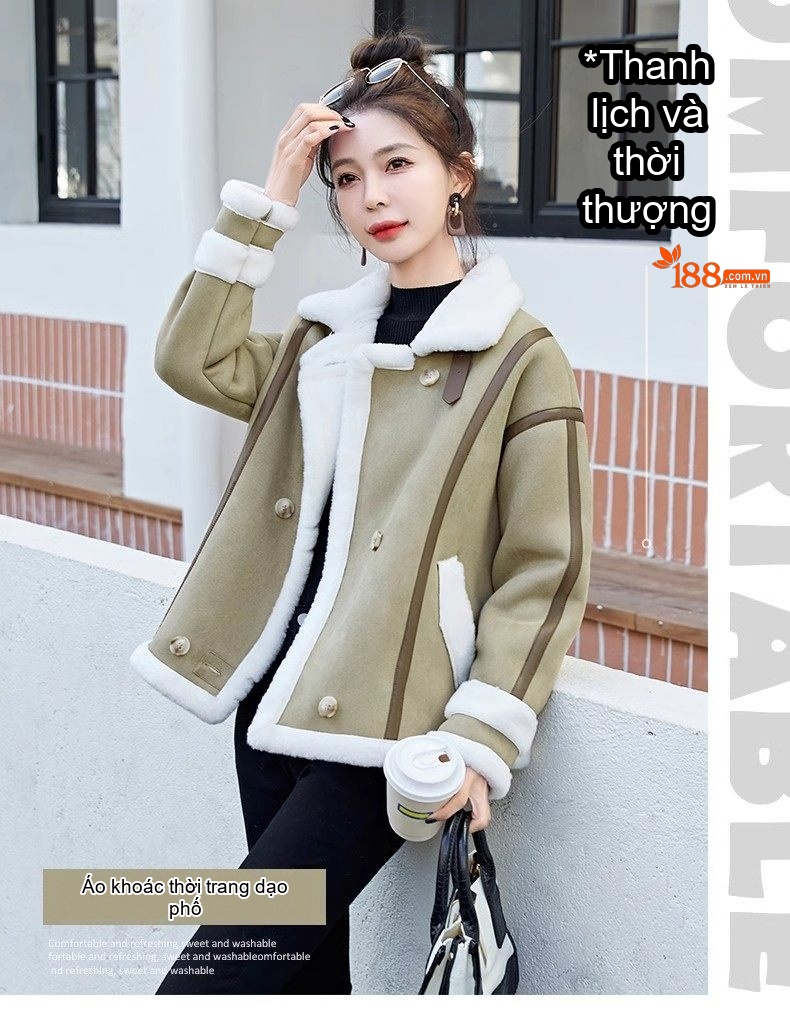 Áo Khoác Nữ Nhung Da Lộn Lông Cừu Non Kiểu Ngắn Rộng Rãi Màu Nâu, Trắng, Xanh chi tiết 8
