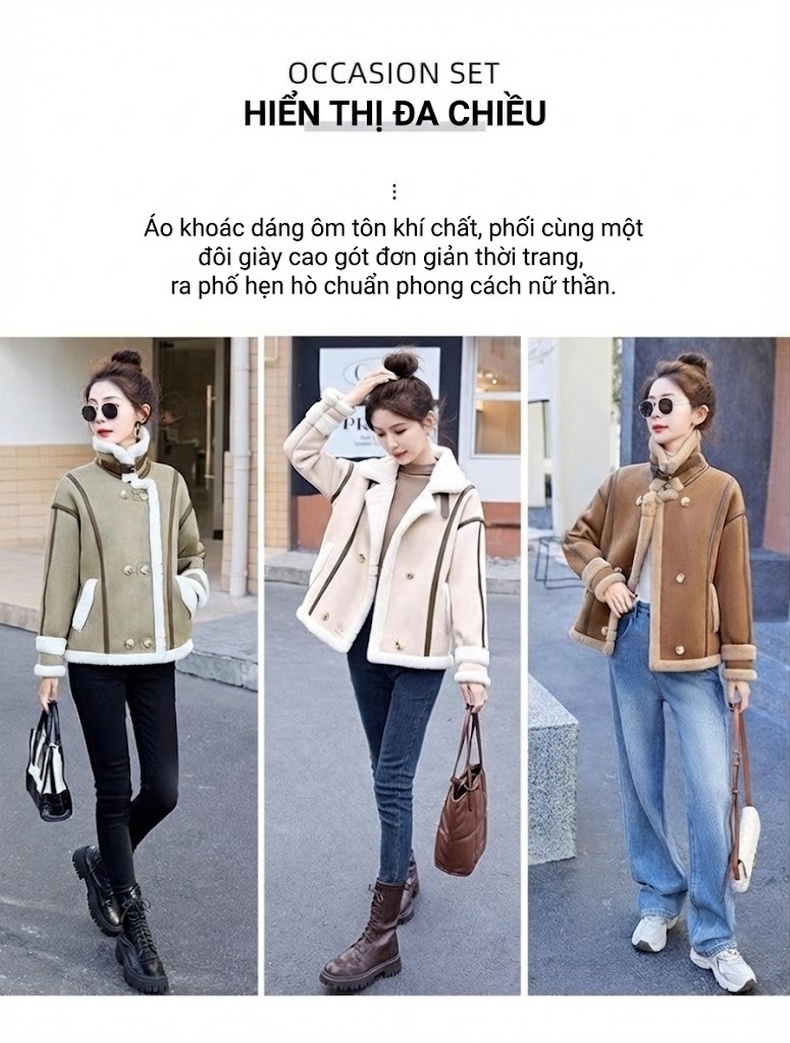 Áo Khoác Nữ Nhung Da Lộn Lông Cừu Non Kiểu Ngắn Rộng Rãi Màu Nâu, Trắng, Xanh chi tiết 11