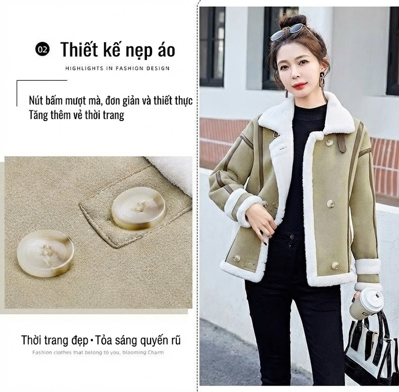 Áo Khoác Nữ Nhung Da Lộn Lông Cừu Non Kiểu Ngắn Rộng Rãi Màu Nâu, Trắng, Xanh chi tiết 13