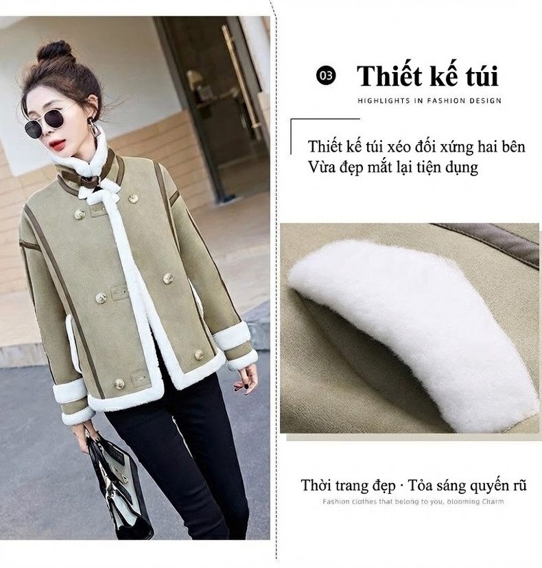 Áo Khoác Nữ Nhung Da Lộn Lông Cừu Non Kiểu Ngắn Rộng Rãi Màu Nâu, Trắng, Xanh chi tiết 14