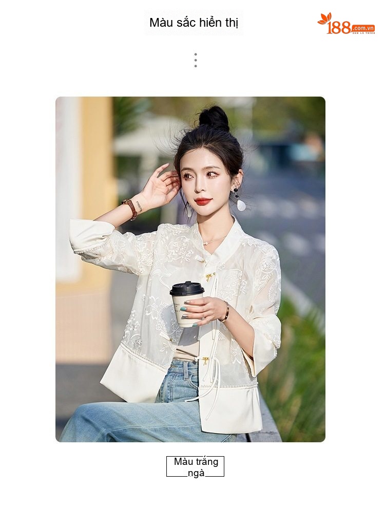 Áo Khoác Nữ Quốc Phong Thêu Hoa Mỏng Nhẹ Tay Lỡ Màu Trắng chi tiết 5