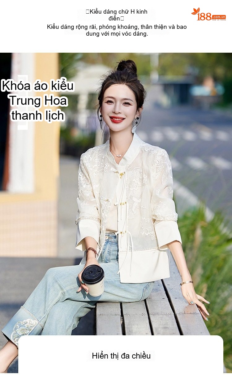 Áo Khoác Nữ Quốc Phong Thêu Hoa Mỏng Nhẹ Tay Lỡ Màu Trắng chi tiết 6