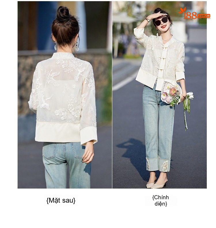 Áo Khoác Nữ Quốc Phong Thêu Hoa Mỏng Nhẹ Tay Lỡ Màu Trắng chi tiết 7