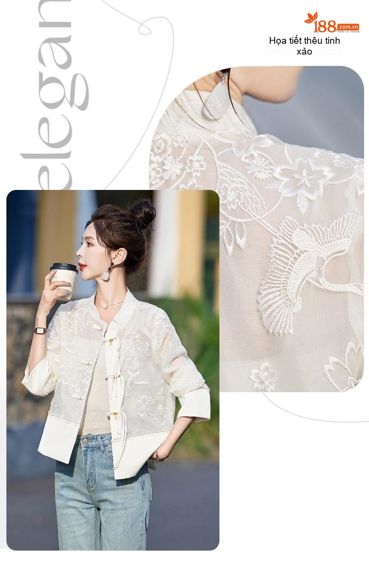 Áo Khoác Nữ Quốc Phong Thêu Hoa Mỏng Nhẹ Tay Lỡ Màu Trắng chi tiết 9