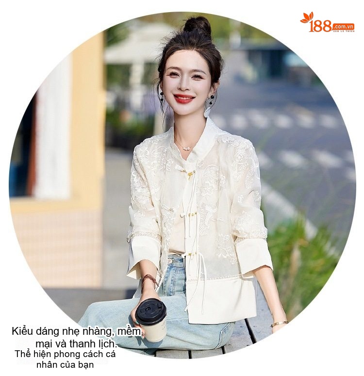 Áo Khoác Nữ Quốc Phong Thêu Hoa Mỏng Nhẹ Tay Lỡ Màu Trắng chi tiết 18