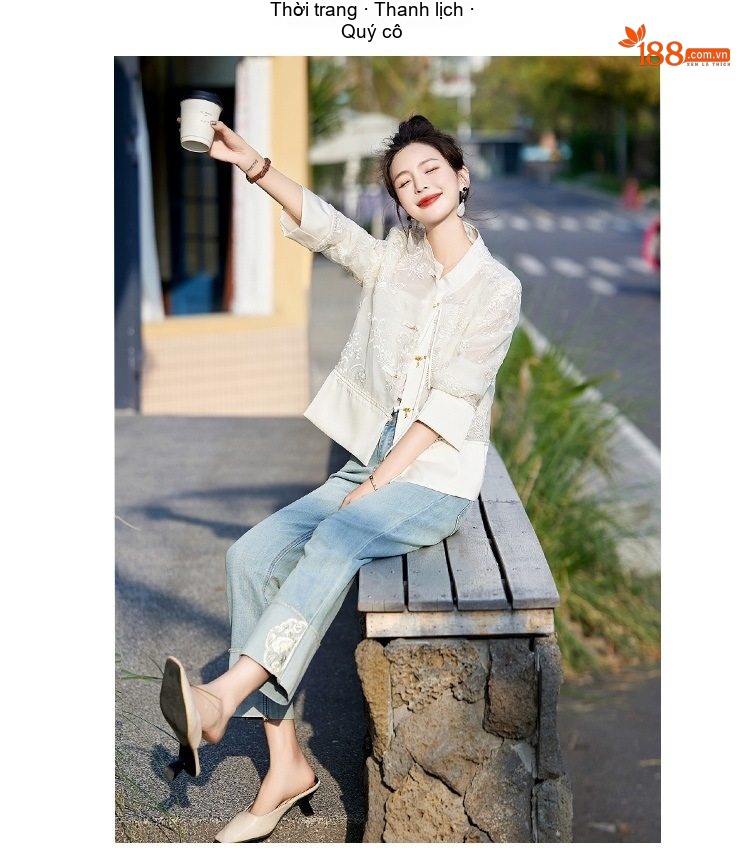 Áo Khoác Nữ Quốc Phong Thêu Hoa Mỏng Nhẹ Tay Lỡ Màu Trắng chi tiết 20