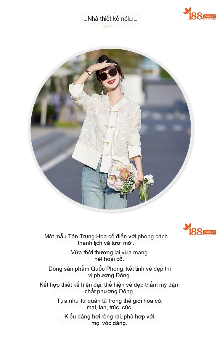 Áo Khoác Nữ Quốc Phong Thêu Hoa Mỏng Nhẹ Tay Lỡ Màu Trắng chi tiết 2
