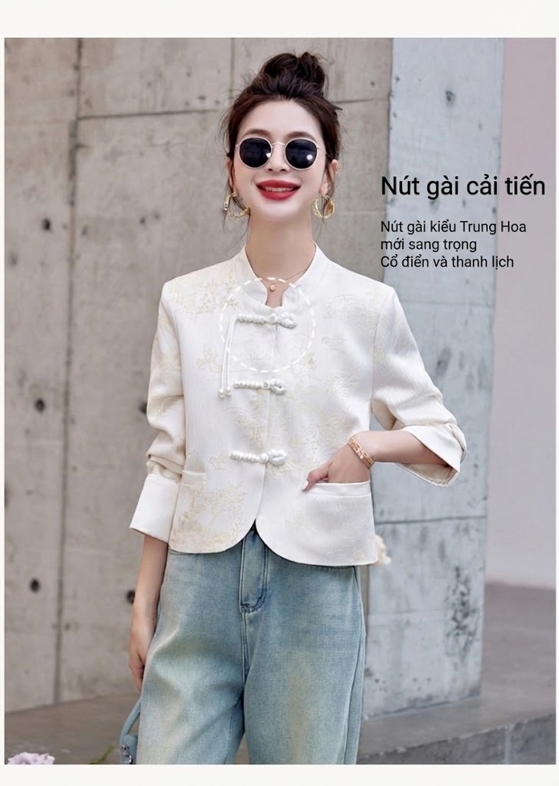 Áo Khoác Nữ Quốc Phong Trung Hoa Tân Thời Thượng Kiểu Ngắn Màu Trắng chi tiết 6