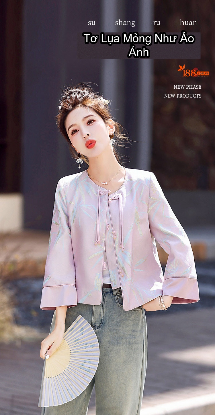 Áo Khoác Nữ Tay Lỡ Cài Khuy Phong Cách Cổ Điển Thoáng Mát Màu Hồng Phối chi tiết 1