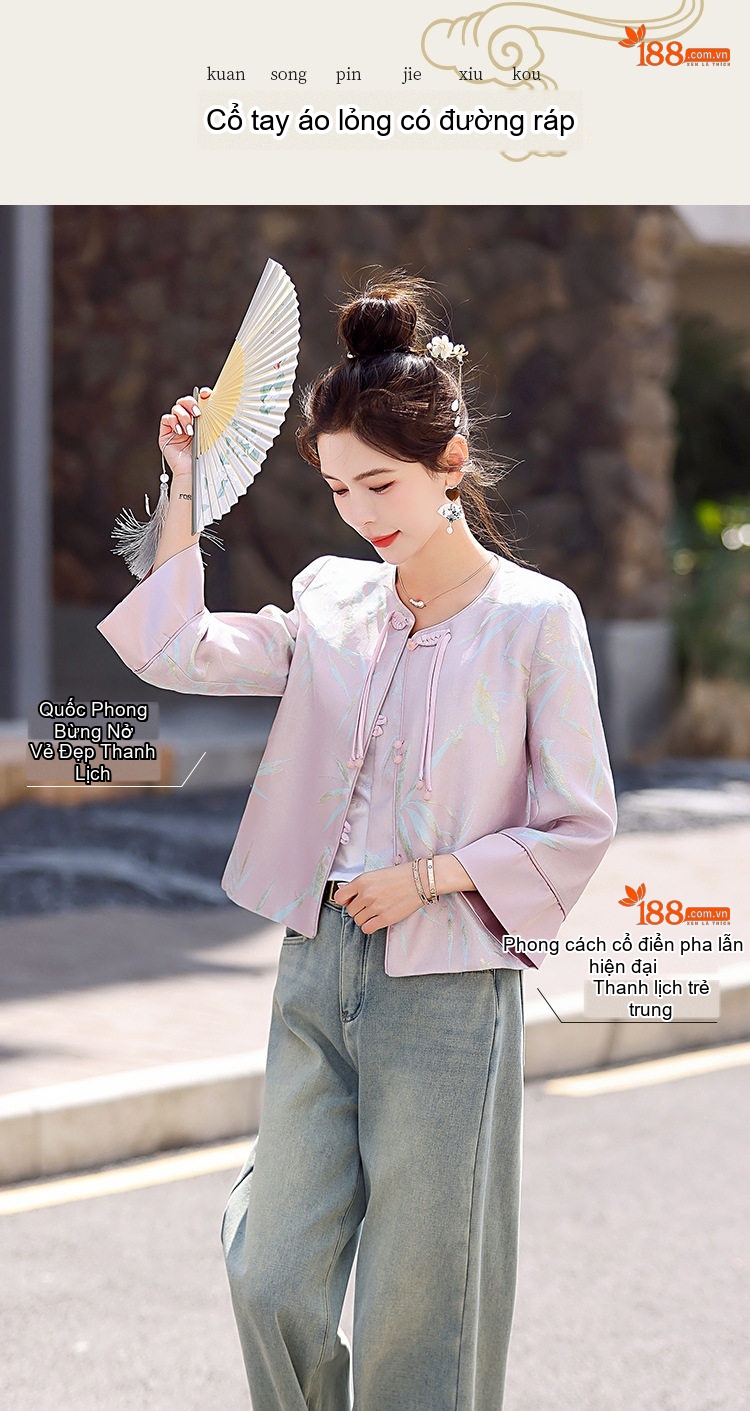 Áo Khoác Nữ Tay Lỡ Cài Khuy Phong Cách Cổ Điển Thoáng Mát Màu Hồng Phối chi tiết 7
