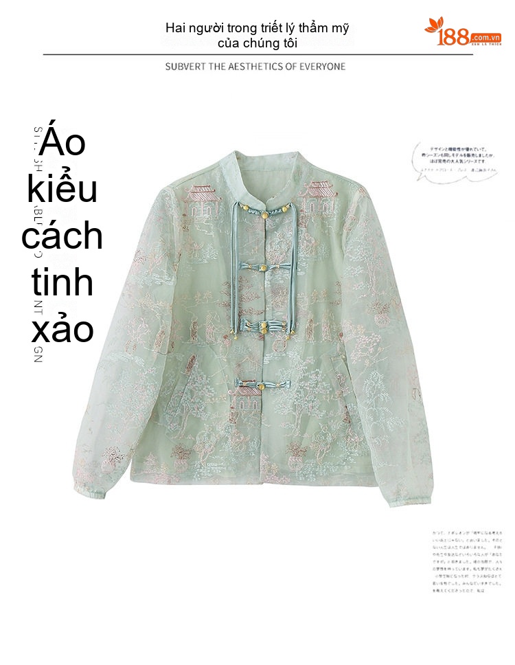 Áo Khoác Nữ Thêu Hoa Cổ Trụ Phong Cách Trung Hoa Thoáng Mát Màu Hồng, Xanh chi tiết 3
