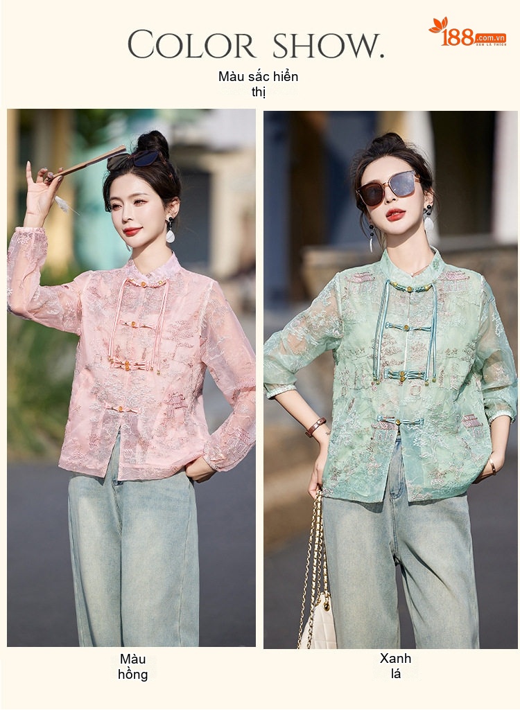 Áo Khoác Nữ Thêu Hoa Cổ Trụ Phong Cách Trung Hoa Thoáng Mát Màu Hồng, Xanh chi tiết 9