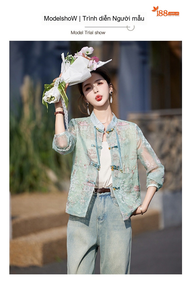 Áo Khoác Nữ Thêu Hoa Cổ Trụ Phong Cách Trung Hoa Thoáng Mát Màu Hồng, Xanh chi tiết 10