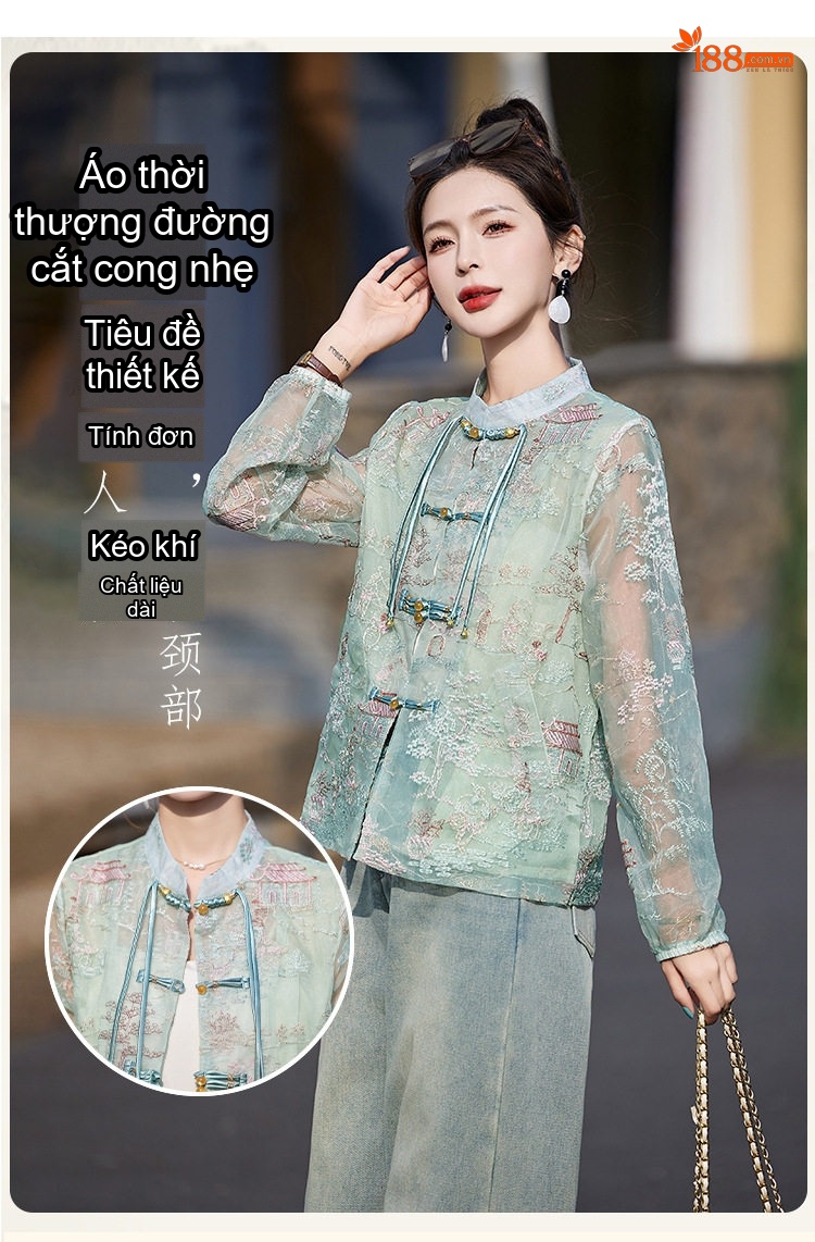 Áo Khoác Nữ Thêu Hoa Cổ Trụ Phong Cách Trung Hoa Thoáng Mát Màu Hồng, Xanh chi tiết 4