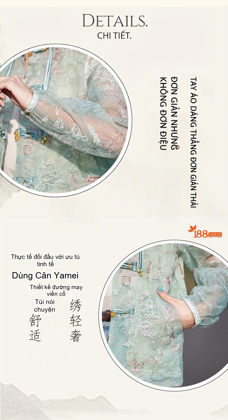 Áo Khoác Nữ Thêu Hoa Cổ Trụ Phong Cách Trung Hoa Thoáng Mát Màu Hồng, Xanh chi tiết 6