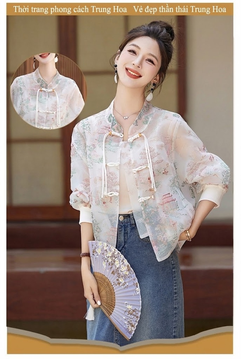 Áo Khoác Nữ Thêu Họa Tiết Cổ Trang Khuy Nút Kiểu Trung Hoa Tay Lỡ Mỏng Màu Trắng, Xanh chi tiết 4