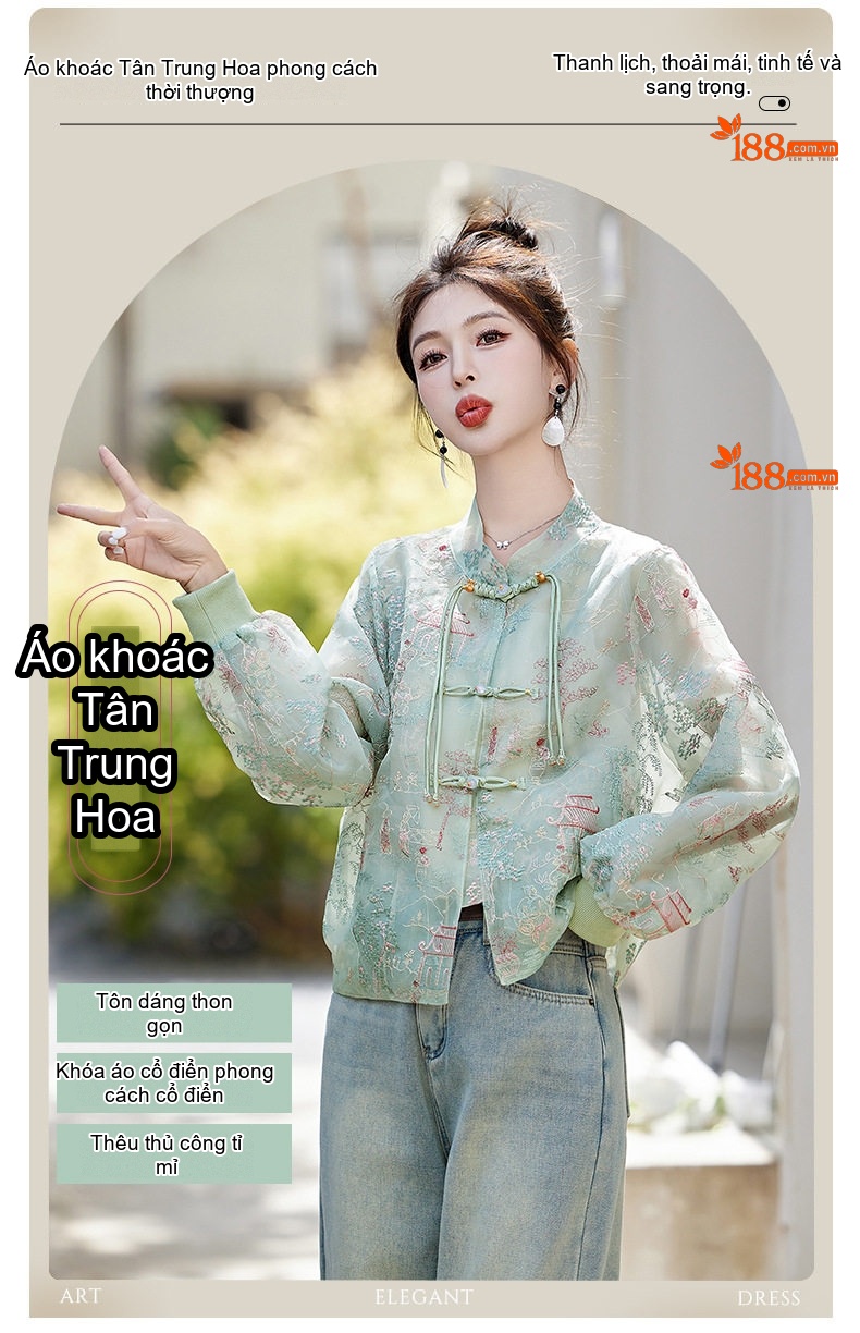Áo Khoác Nữ Thêu Họa Tiết Cổ Trang Khuy Nút Kiểu Trung Hoa Tay Lỡ Mỏng Màu Trắng, Xanh chi tiết 1