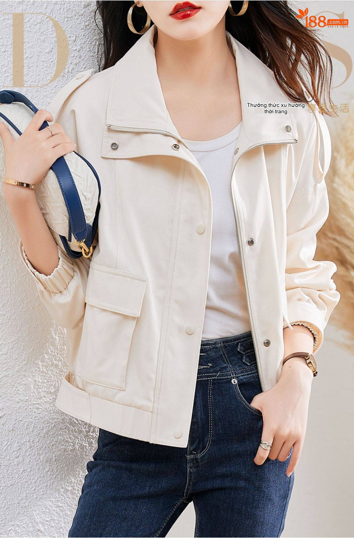 Áo Khoác Nữ Thiết Kế Kiểu Bomber Dáng Ngắn Phong Cách Hàn Quốc Màu Be, Trắng chi tiết 1