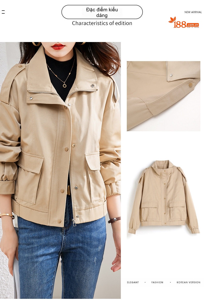 Áo Khoác Nữ Thiết Kế Kiểu Bomber Dáng Ngắn Phong Cách Hàn Quốc Màu Be, Trắng chi tiết 3