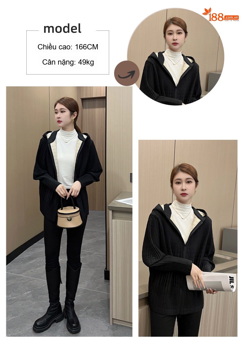 Áo Khoác Nữ Thiết Kế Nhún Bèo Có Mũ Trùm Đầu Dáng Ngắn Cotton Dày Dặn Màu Trắng, Đen chi tiết 8