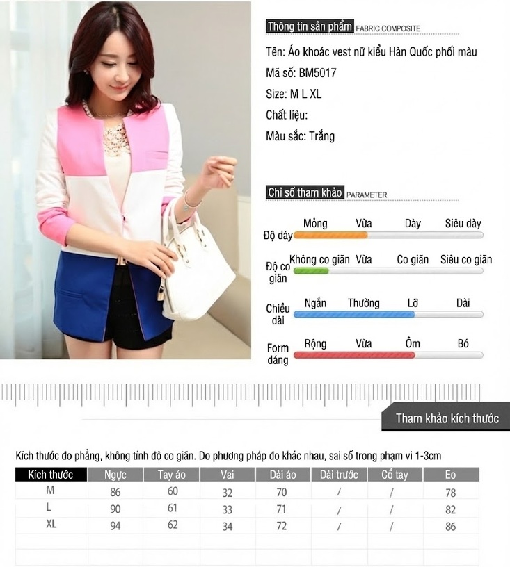 Áo Khoác Nữ Thu Đông Hàn Quốc Dáng Ôm Thời Trang Màu Trắng, Hồng, Xanh Dương chi tiết 2