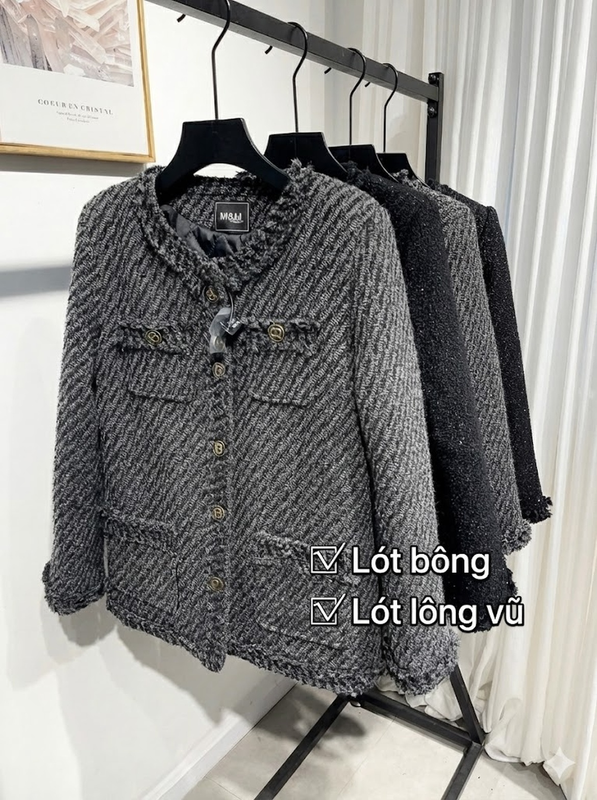 Áo Khoác Nữ Tiểu Hương Tay Lỡ Dáng Suông Viền Tua Rua Sợi Lurex Màu Xám, Đen chi tiết 2