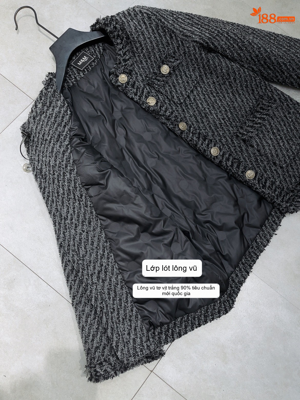 Áo Khoác Nữ Tiểu Hương Tay Lỡ Dáng Suông Viền Tua Rua Sợi Lurex Màu Xám, Đen chi tiết 4
