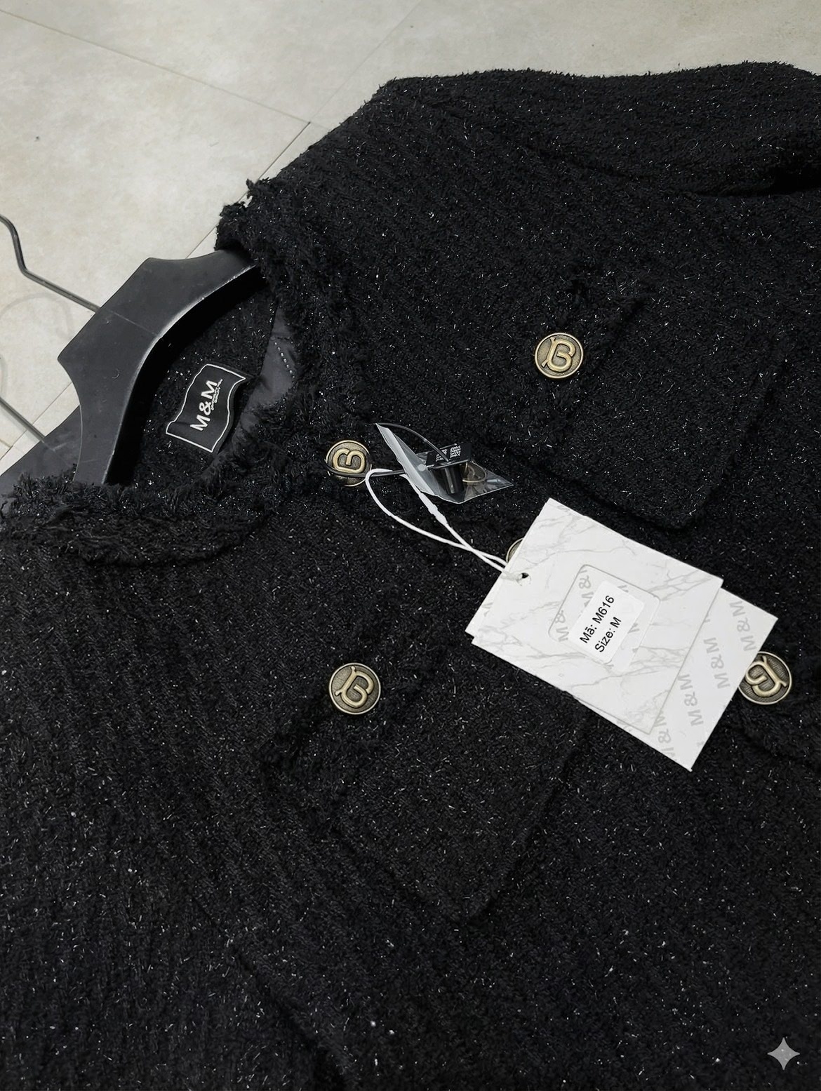 Áo Khoác Nữ Tiểu Hương Tay Lỡ Dáng Suông Viền Tua Rua Sợi Lurex Màu Xám, Đen chi tiết 13