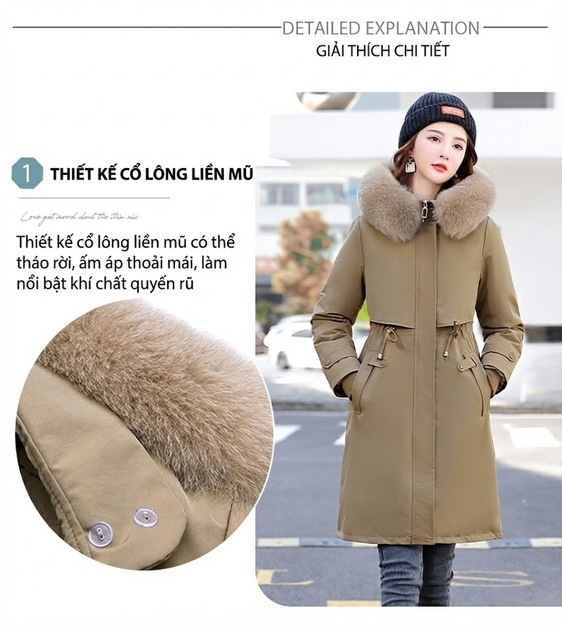 Áo Khoác Parka Nữ Cotton Dáng Dài Vừa Vặn Phong Cách Hàn Quốc Màu Be chi tiết 5