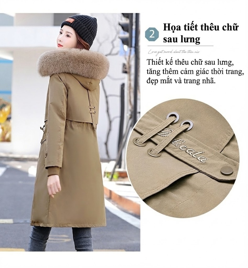 Áo Khoác Parka Nữ Cotton Dáng Dài Vừa Vặn Phong Cách Hàn Quốc Màu Be chi tiết 6