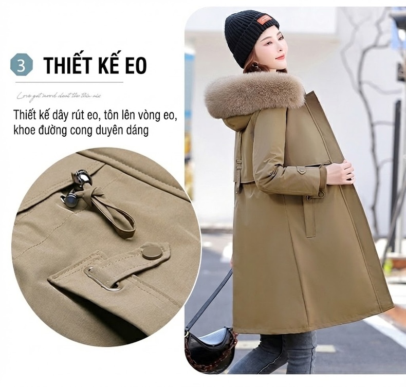 Áo Khoác Parka Nữ Cotton Dáng Dài Vừa Vặn Phong Cách Hàn Quốc Màu Be chi tiết 7