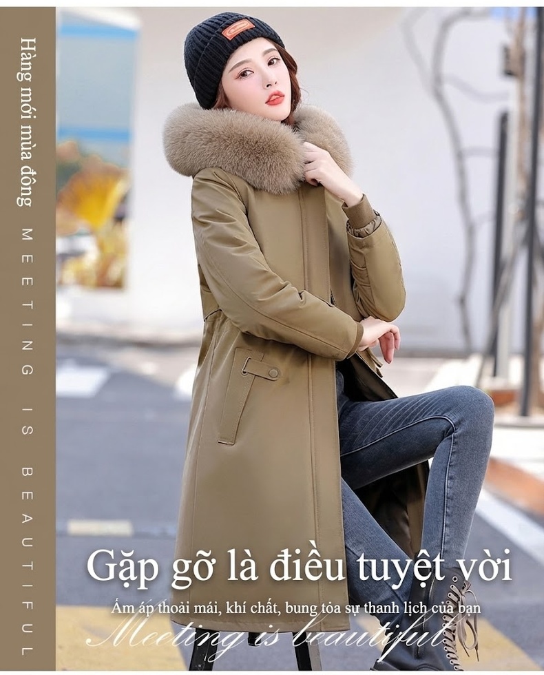 Áo Khoác Parka Nữ Cotton Dáng Dài Vừa Vặn Phong Cách Hàn Quốc Màu Be chi tiết 2