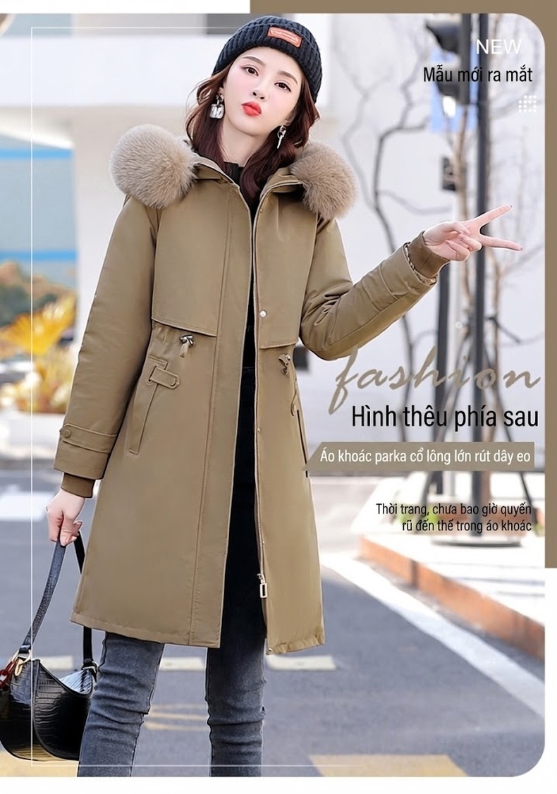 Áo Khoác Parka Nữ Cotton Dáng Dài Vừa Vặn Phong Cách Hàn Quốc Màu Be chi tiết 1