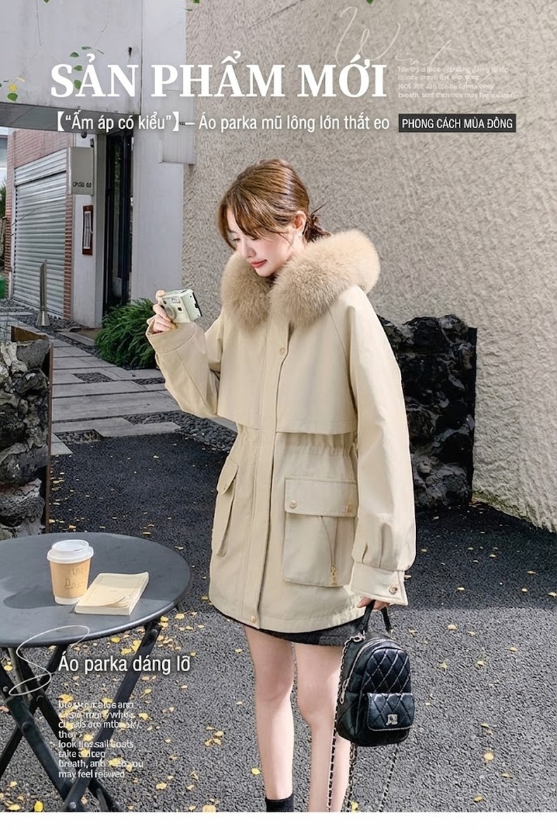 Áo Khoác Parka Nữ Lót Lông Dày Dặn Cổ Lông Lớn Màu Be, Nâu chi tiết 1