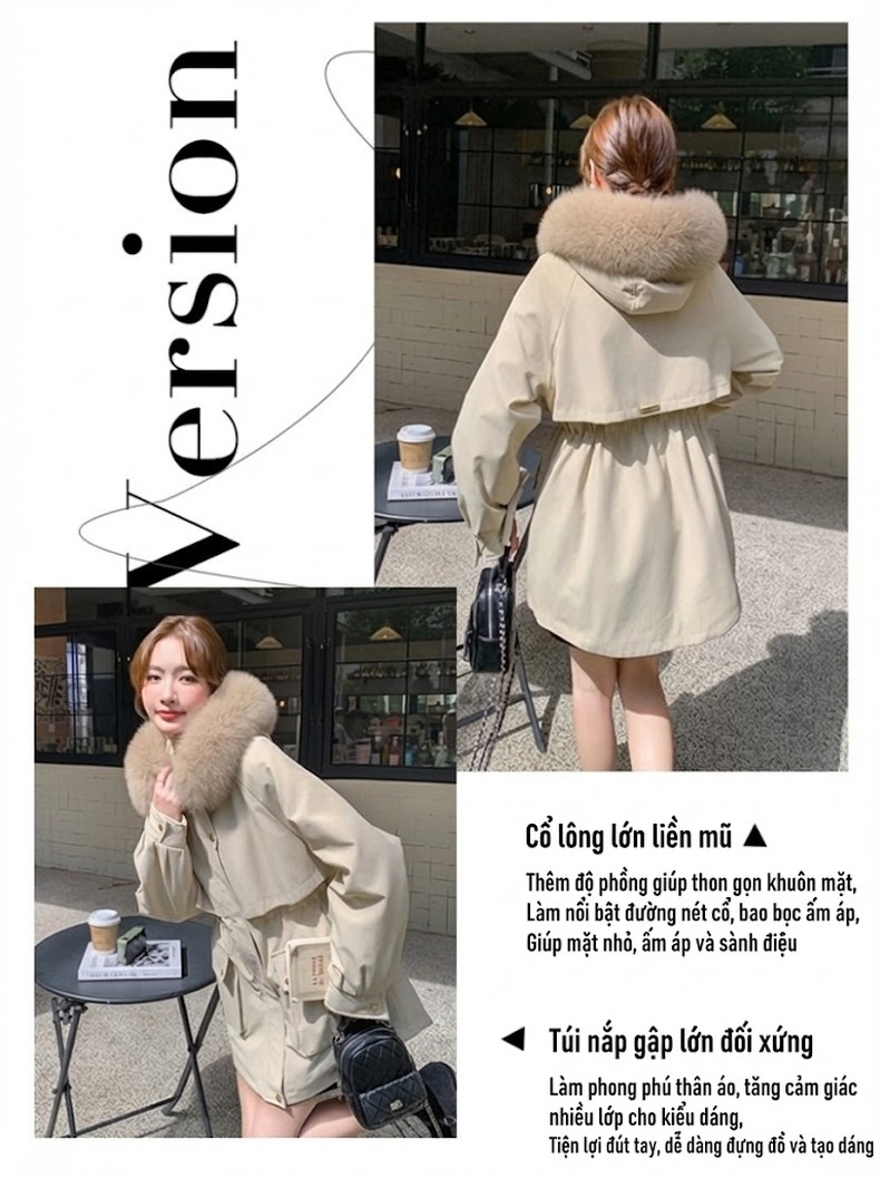 Áo Khoác Parka Nữ Lót Lông Dày Dặn Cổ Lông Lớn Màu Be, Nâu chi tiết 2
