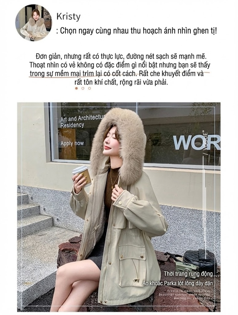 Áo Khoác Parka Nữ Lót Lông Dày Dặn Cổ Lông Lớn Màu Be, Nâu chi tiết 3