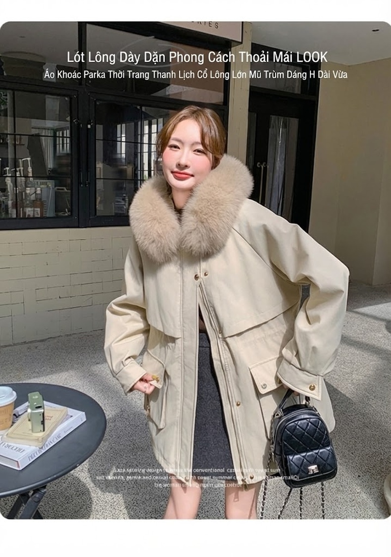 Áo Khoác Parka Nữ Lót Lông Dày Dặn Cổ Lông Lớn Màu Be, Nâu chi tiết 5