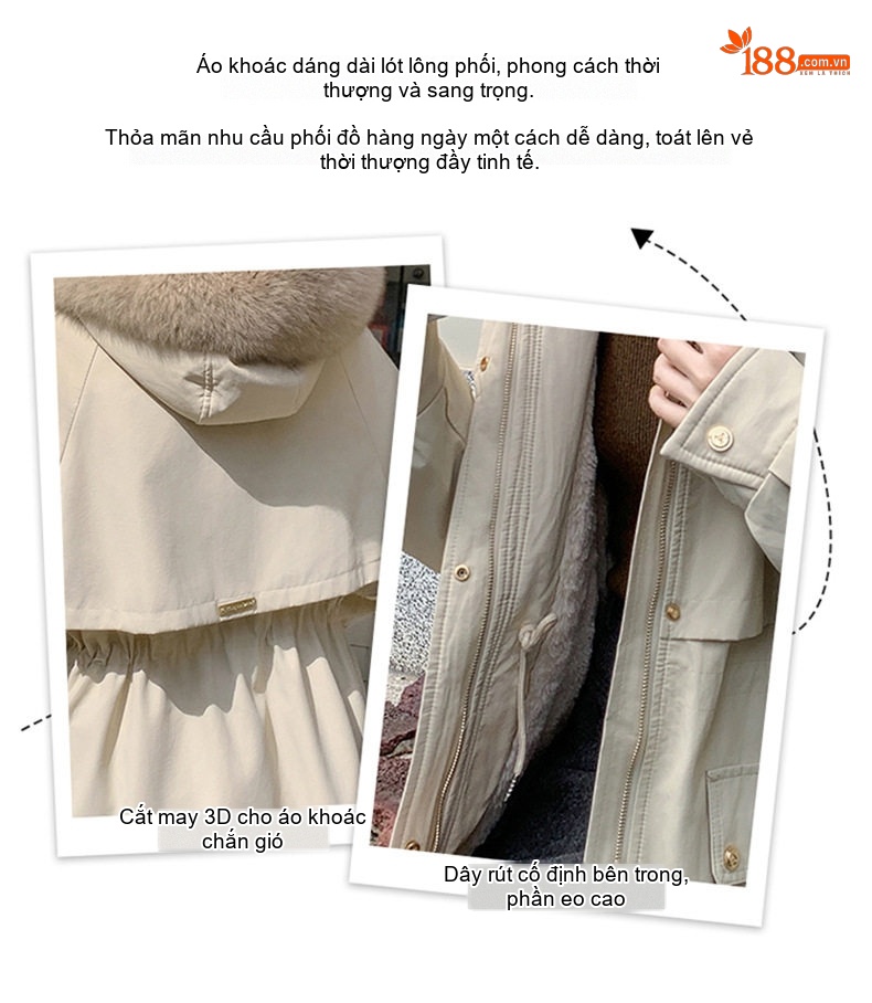 Áo Khoác Parka Nữ Lót Lông Dày Dặn Cổ Lông Lớn Màu Be, Nâu chi tiết 6