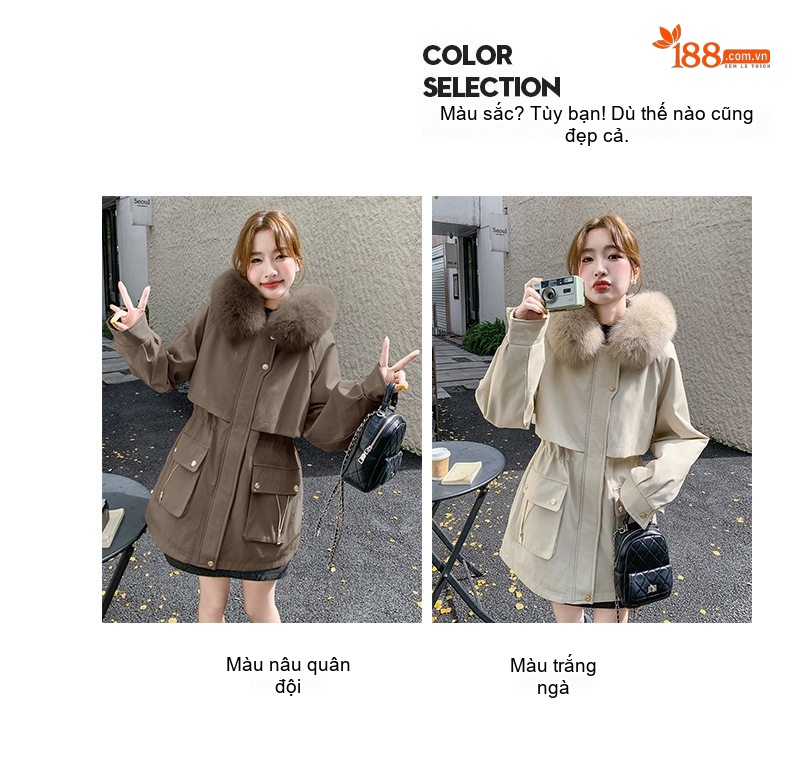 Áo Khoác Parka Nữ Lót Lông Dày Dặn Cổ Lông Lớn Màu Be, Nâu chi tiết 7