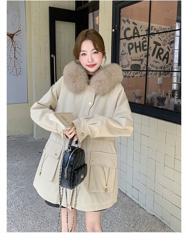 Áo Khoác Parka Nữ Lót Lông Dày Dặn Cổ Lông Lớn Màu Be, Nâu chi tiết 30